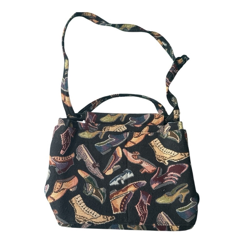 Toby Weston Tapestry‎ Hand Bag Black With 1950’s  Shoe Patterns Black and Tan